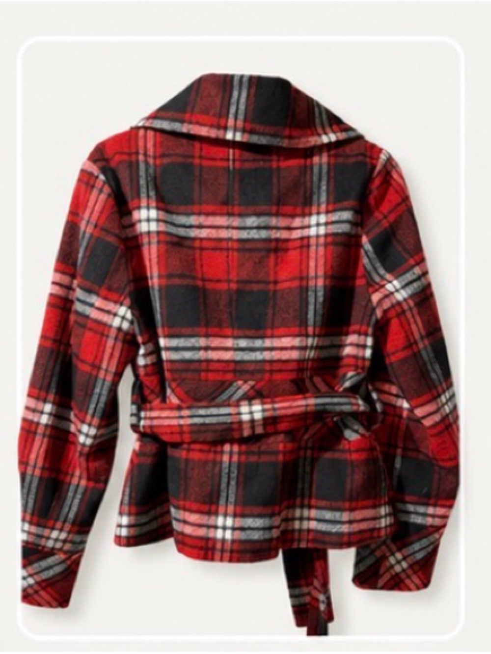 Ambition Red Black Plaid Belted Jacket XL Oversized Collar - Picture 3 of 5
